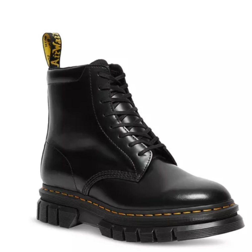 Dr. Martens Black Leather Lace-Up Combat Boots with Yellow Stitching